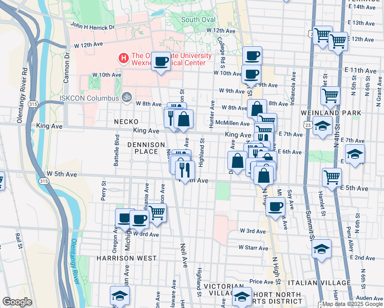map of restaurants, bars, coffee shops, grocery stores, and more near 1318 Forsythe Avenue in Columbus