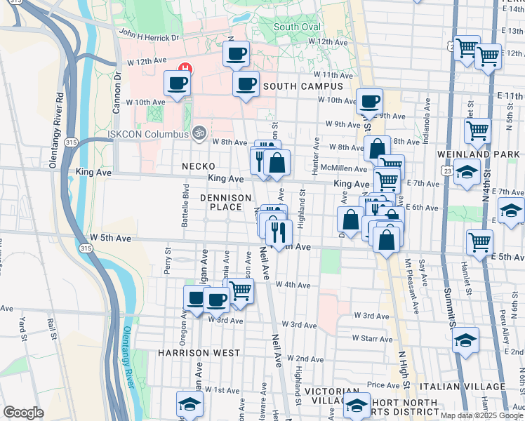 map of restaurants, bars, coffee shops, grocery stores, and more near 1322 Neil Avenue in Columbus