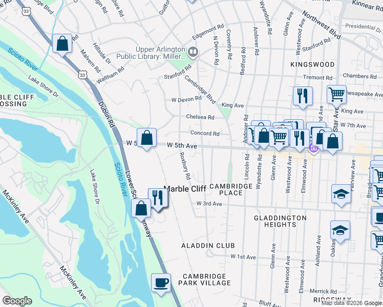 map of restaurants, bars, coffee shops, grocery stores, and more near 1593 Arlington Avenue in Marble Cliff