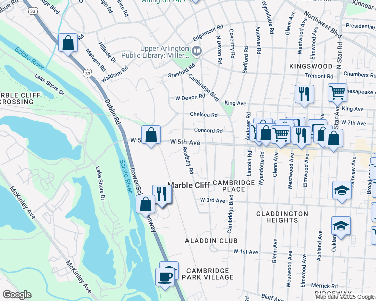 map of restaurants, bars, coffee shops, grocery stores, and more near 1593 Arlington Avenue in Marble Cliff