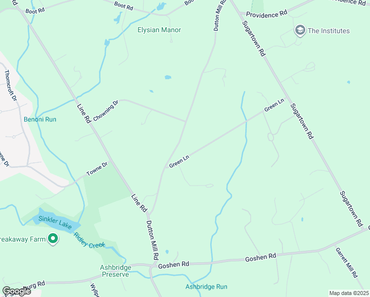 map of restaurants, bars, coffee shops, grocery stores, and more near 42 Green Lane in Malvern