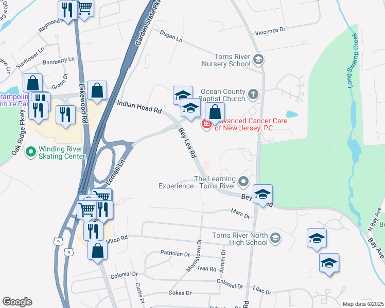 map of restaurants, bars, coffee shops, grocery stores, and more near 1301 Oakmont Drive in Toms River