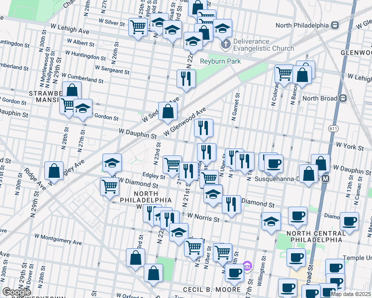 map of restaurants, bars, coffee shops, grocery stores, and more near 2251 North Van Pelt Street in Philadelphia