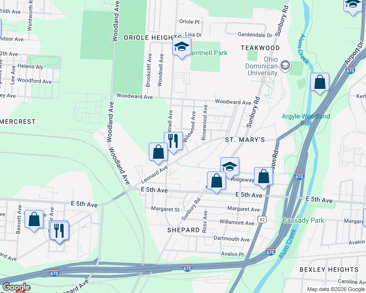 map of restaurants, bars, coffee shops, grocery stores, and more near 2110 Leonard Avenue in Columbus