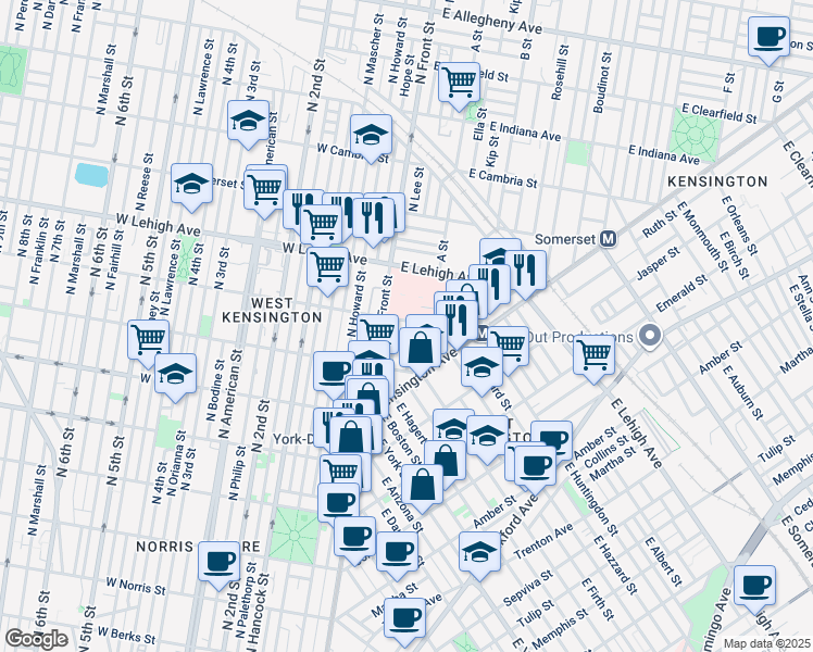 map of restaurants, bars, coffee shops, grocery stores, and more near 118 East Huntingdon Street in Philadelphia