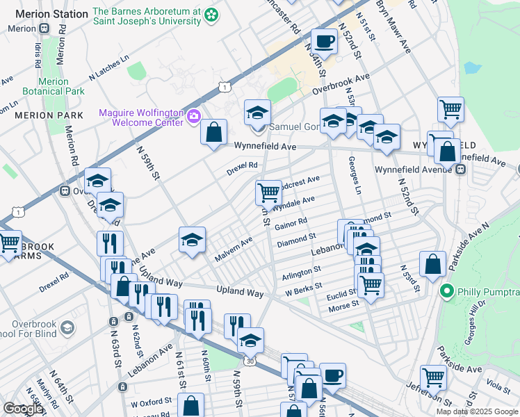 map of restaurants, bars, coffee shops, grocery stores, and more near 5705 Wyndale Avenue in Philadelphia