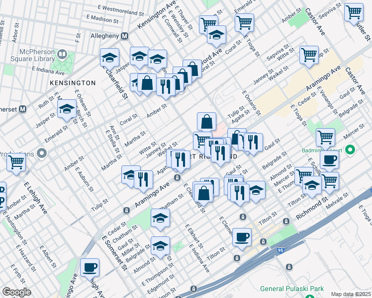 map of restaurants, bars, coffee shops, grocery stores, and more near 3161 Tulip Street in Philadelphia
