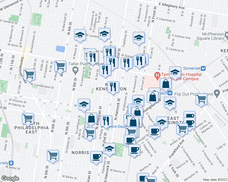 map of restaurants, bars, coffee shops, grocery stores, and more near 2529 North 2nd Street in Philadelphia