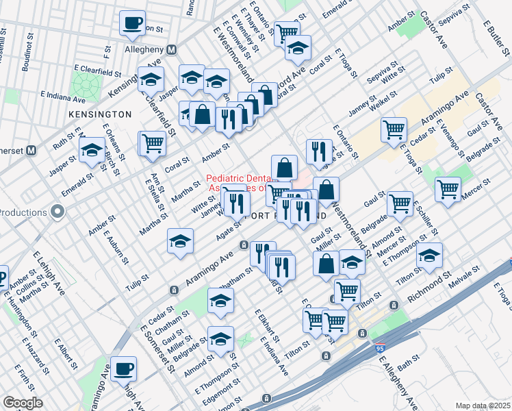 map of restaurants, bars, coffee shops, grocery stores, and more near 3161 Tulip Street in Philadelphia