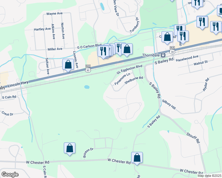 map of restaurants, bars, coffee shops, grocery stores, and more near 2786 Shelburne Road in Downingtown