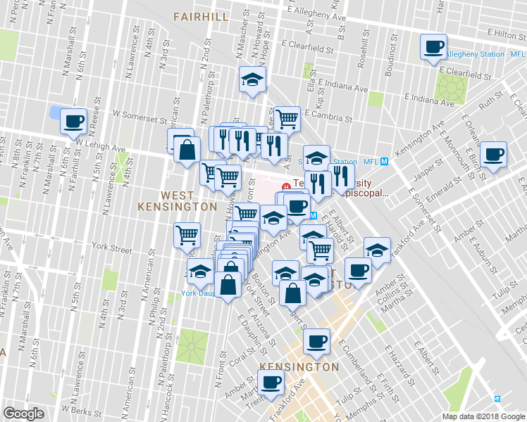 map of restaurants, bars, coffee shops, grocery stores, and more near 118 East Huntingdon Street in Philadelphia
