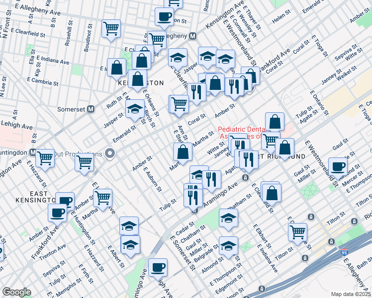 map of restaurants, bars, coffee shops, grocery stores, and more near 2139 East Stella Street in Philadelphia