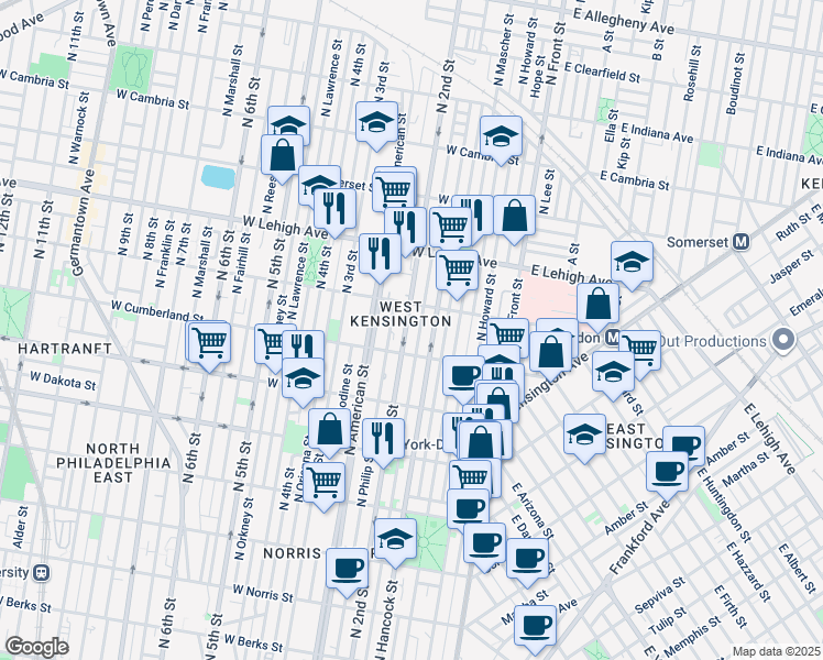 map of restaurants, bars, coffee shops, grocery stores, and more near 2529 North 2nd Street in Philadelphia