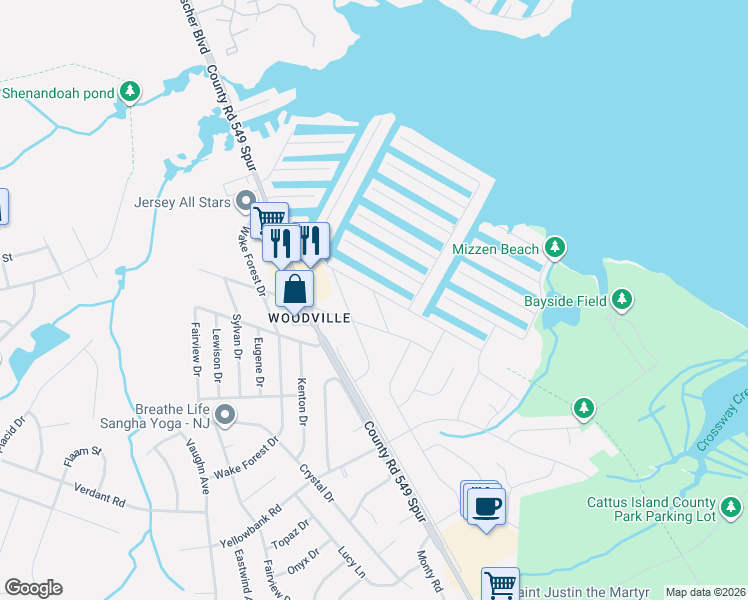 map of restaurants, bars, coffee shops, grocery stores, and more near 1900 Shore Boulevard in Toms River