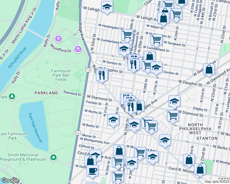 map of restaurants, bars, coffee shops, grocery stores, and more near 2134 North Corlies Street in Philadelphia