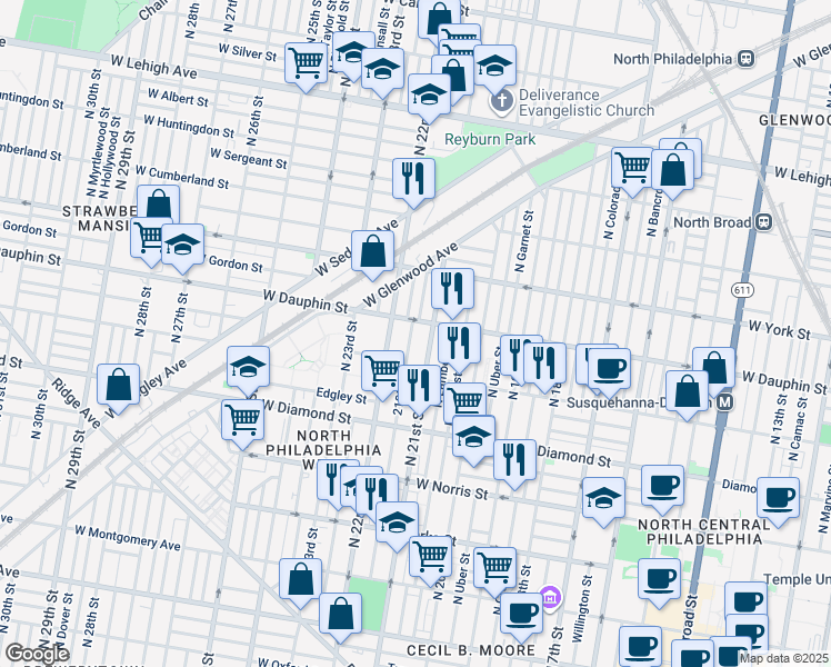 map of restaurants, bars, coffee shops, grocery stores, and more near 2253 North Van Pelt Street in Philadelphia