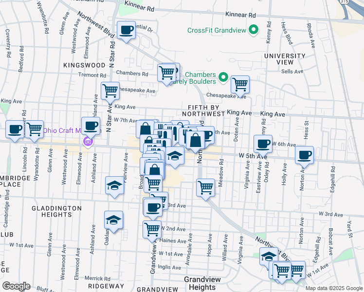 map of restaurants, bars, coffee shops, grocery stores, and more near 1349 West 5th Avenue in Columbus