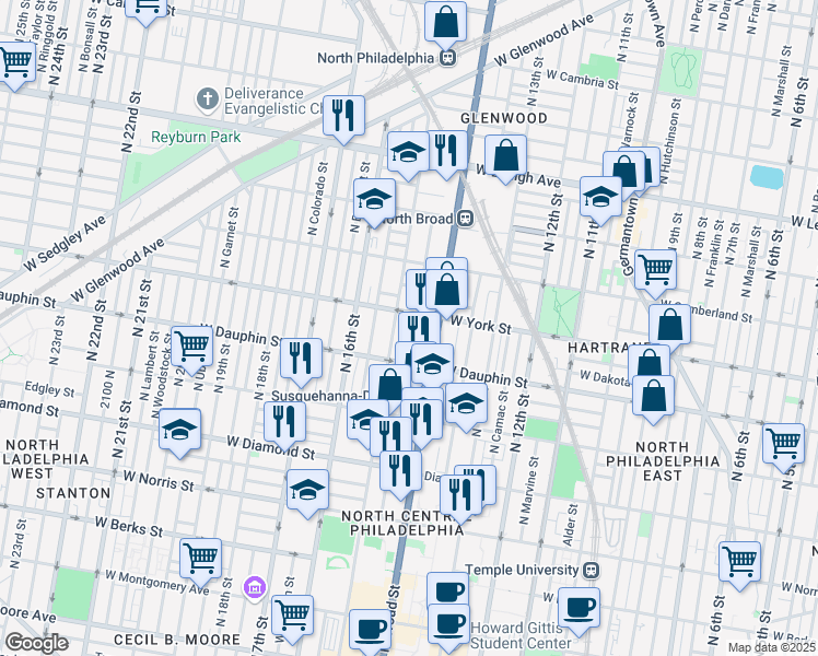 map of restaurants, bars, coffee shops, grocery stores, and more near 2346 North Carlisle Street in Philadelphia