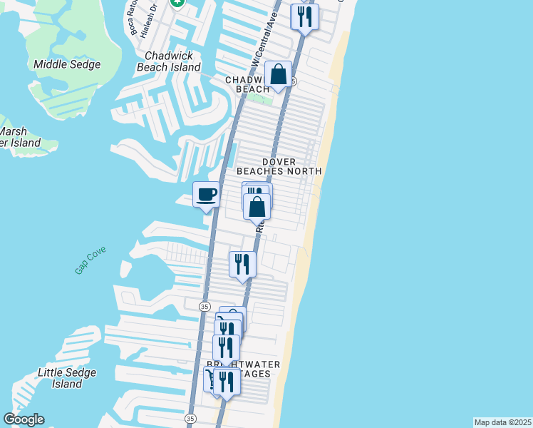 map of restaurants, bars, coffee shops, grocery stores, and more near 32 East Tuna Way in Lavallette