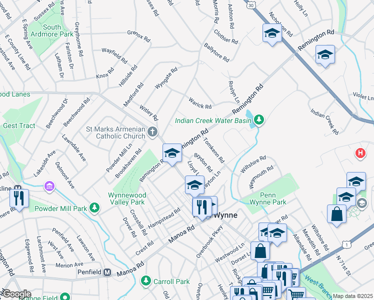 map of restaurants, bars, coffee shops, grocery stores, and more near in Penn Wynne