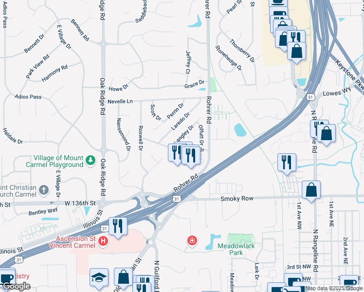 map of restaurants, bars, coffee shops, grocery stores, and more near 661 Marana Drive in Carmel
