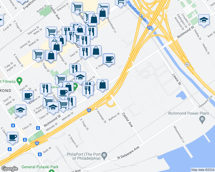 map of restaurants, bars, coffee shops, grocery stores, and more near 3707 Richmond Street in Philadelphia