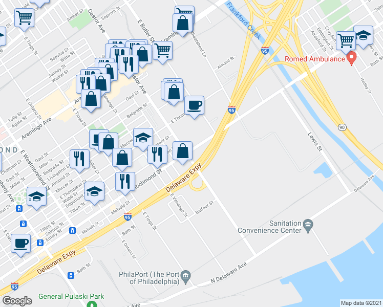 map of restaurants, bars, coffee shops, grocery stores, and more near 3707 Richmond Street in Philadelphia