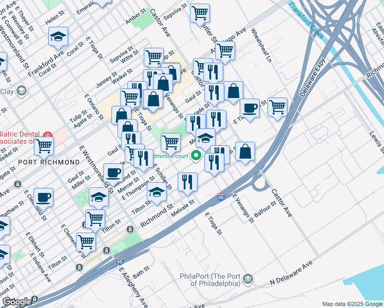 map of restaurants, bars, coffee shops, grocery stores, and more near 3565 East Thompson Street in Philadelphia