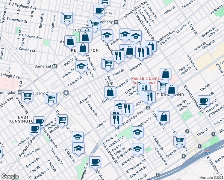 map of restaurants, bars, coffee shops, grocery stores, and more near 2139 East Stella Street in Philadelphia