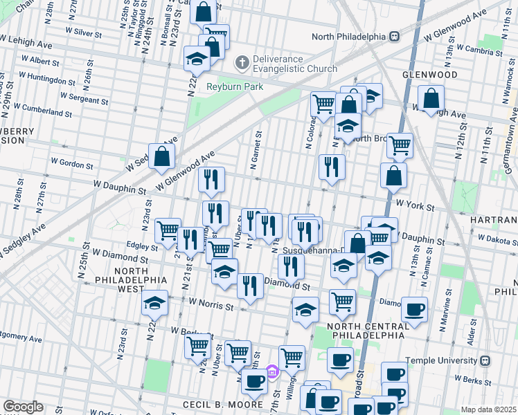 map of restaurants, bars, coffee shops, grocery stores, and more near 2305 North 19th Street in Philadelphia