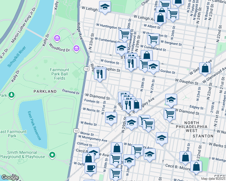 map of restaurants, bars, coffee shops, grocery stores, and more near 2134 North Corlies Street in Philadelphia