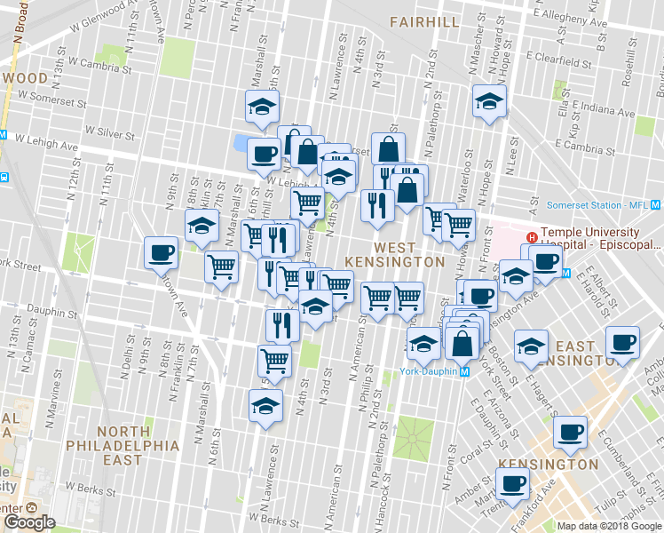 map of restaurants, bars, coffee shops, grocery stores, and more near 2514 North Orianna Street in Philadelphia