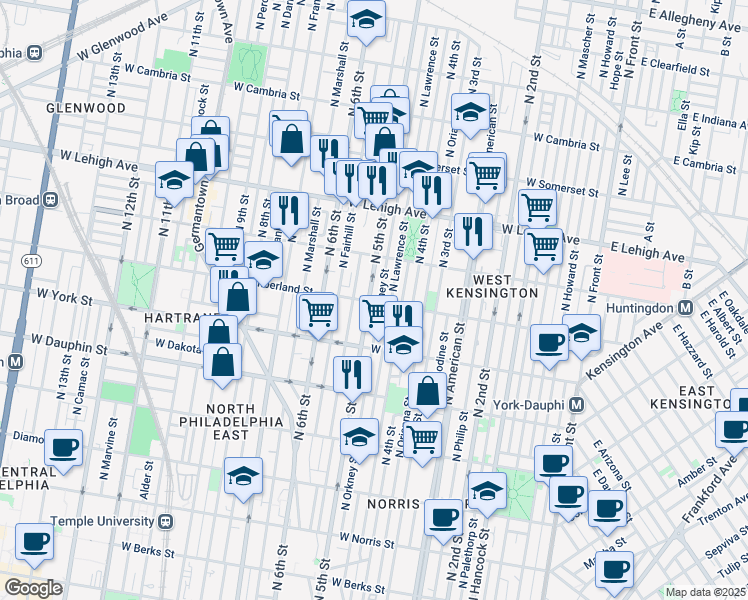 map of restaurants, bars, coffee shops, grocery stores, and more near 2501 North 5th Street in Philadelphia