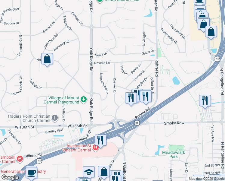 map of restaurants, bars, coffee shops, grocery stores, and more near 13845 Nansemond Drive in Carmel