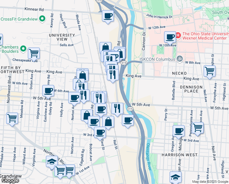 map of restaurants, bars, coffee shops, grocery stores, and more near 1421 Olentangy River Road in Columbus