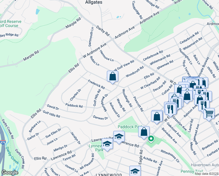 map of restaurants, bars, coffee shops, grocery stores, and more near 208 Frederick Road in Havertown