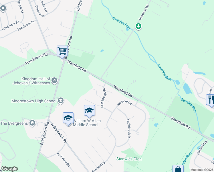 map of restaurants, bars, coffee shops, grocery stores, and more near 7 Sunset Court in Moorestown