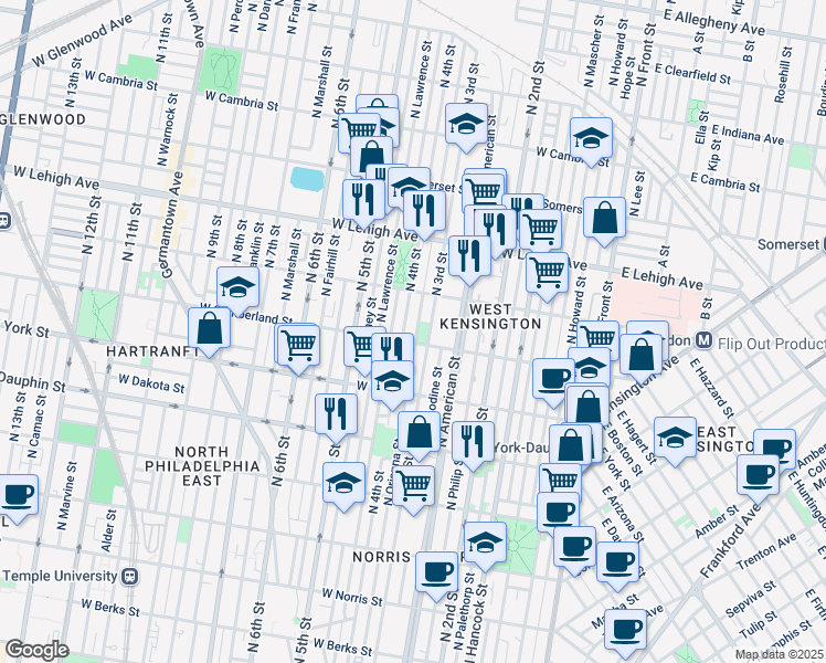 map of restaurants, bars, coffee shops, grocery stores, and more near 2514 North Orianna Street in Philadelphia