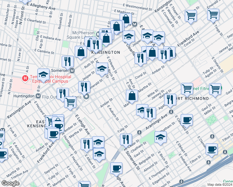 map of restaurants, bars, coffee shops, grocery stores, and more near 2078 East Monmouth Street in Philadelphia