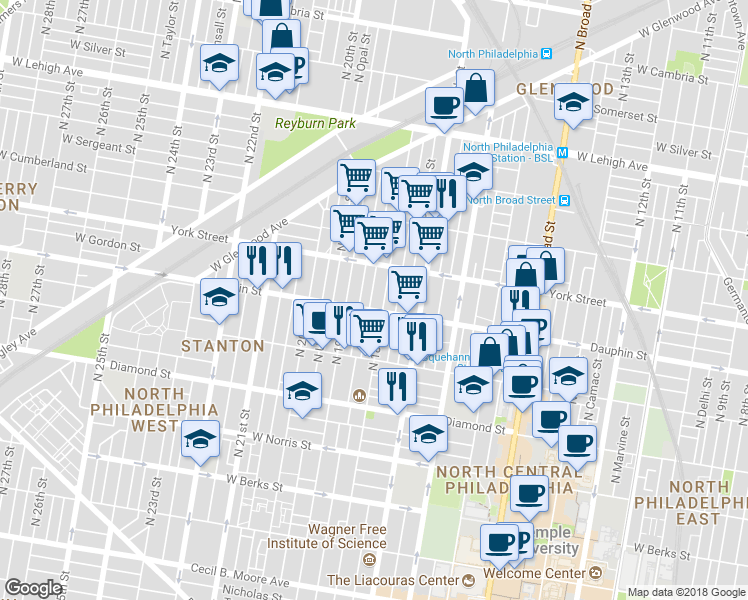 map of restaurants, bars, coffee shops, grocery stores, and more near 2313 North Cleveland Street in Philadelphia