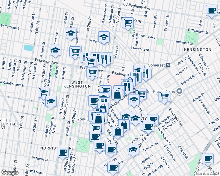 map of restaurants, bars, coffee shops, grocery stores, and more near 104 East Huntingdon Street in Philadelphia