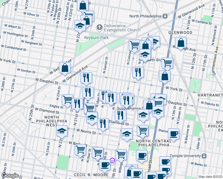 map of restaurants, bars, coffee shops, grocery stores, and more near 2310 North Cleveland Street in Philadelphia
