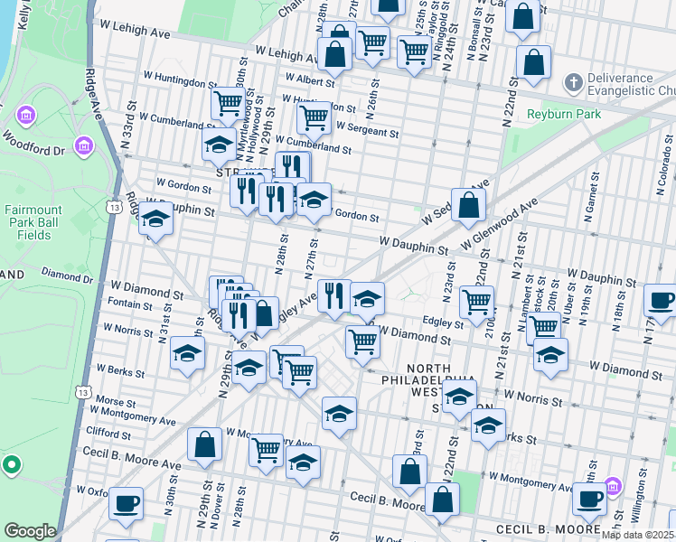 map of restaurants, bars, coffee shops, grocery stores, and more near 2206 North 26th Street in Philadelphia