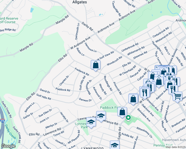 map of restaurants, bars, coffee shops, grocery stores, and more near 208 Frederick Road in Havertown