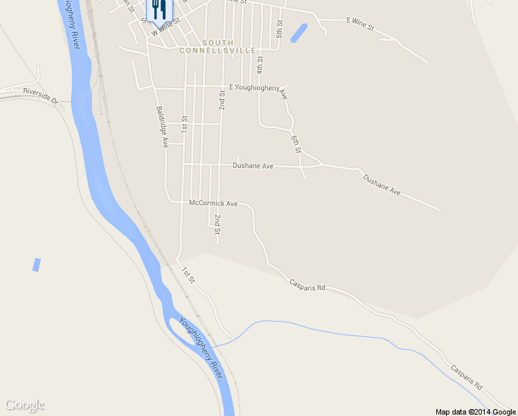 map of restaurants, bars, coffee shops, grocery stores, and more near 103 Casparis Road in Connellsville