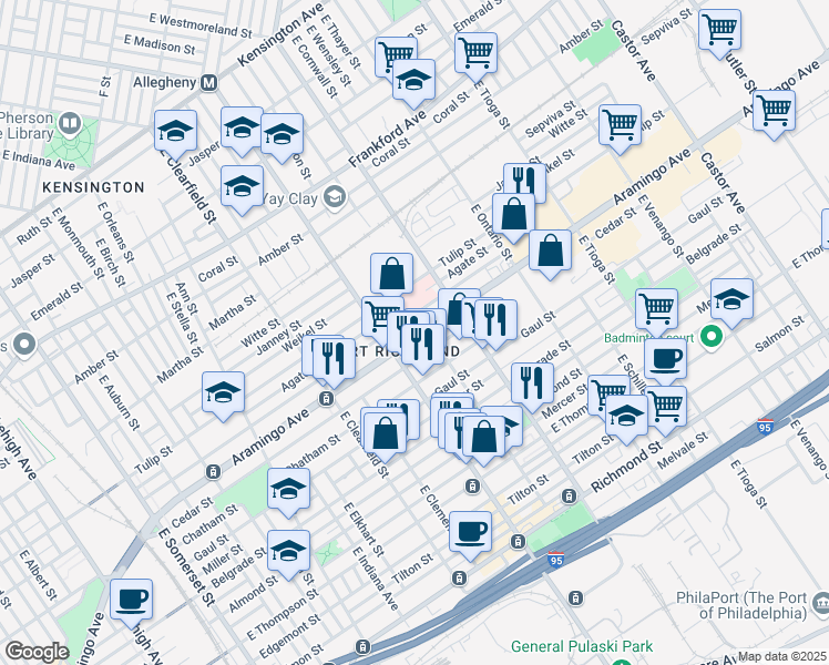 map of restaurants, bars, coffee shops, grocery stores, and more near 3230 Aramingo Avenue in Philadelphia