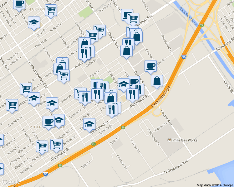 map of restaurants, bars, coffee shops, grocery stores, and more near 3569 East Thompson Street in Philadelphia