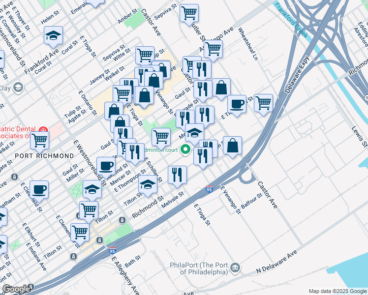 map of restaurants, bars, coffee shops, grocery stores, and more near 3569 East Thompson Street in Philadelphia