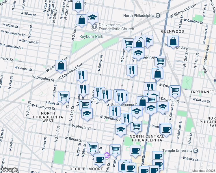 map of restaurants, bars, coffee shops, grocery stores, and more near 2313 North Cleveland Street in Philadelphia