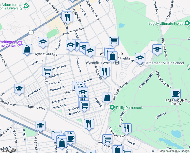 map of restaurants, bars, coffee shops, grocery stores, and more near 5219 West Diamond street in Philadelphia